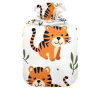 Playful Tigers - Botella de agua caliente naranja selva con funda de terciopelo, bolsa de agua caliente para aliviar el dolor de cuello y hombros, 1 litro
