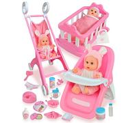 PLAYFULBAY Baby Doll Stroller Set Toys - 31PCS Playset with Stroller,Dining Chair, Crib & Accessories for Girls Ages 3 for Toddler to Pretend Play