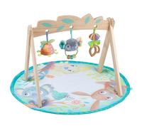 Playgro Fauna Friends - Gimnasio de actividades de madera para bebés, tapete de juego para bebé para piso con 3 juguetes colgantes, gimnasio para bebés con temática de selva para desarrollo sensorial