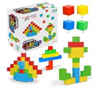 Playmags Juego De 64 Cubos Magnéticos Gigantes Grandes Bloques De Construcción De 5,08 Cm para Niños Jóvenes - Bloques De Construcción Magnéticos Robustos, Cubos Sensoriales con Sonajero