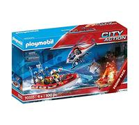 PLAYMOBIL City Action 70335 Operación de Bomberos con helicóptero y Barco, A Partir de 4 años