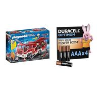 PLAYMOBIL City Action Camión de Bomberos con Luces y Sonido, a Partir de 4 Años (9464), Multicolor, Talla Única + Duracell Optimum Pack de 4 AAA