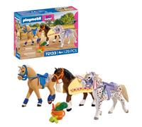 PLAYMOBIL | I Love Horses | Tres Caballos de colección | Set de Caballos con Mantas, sillas, alimento y Accesorios de Limpieza | para niños a Partir de 4 años | 72133