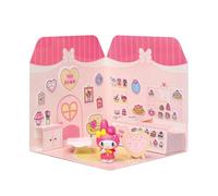 Playset My Melody Tea Room 40+ Stickers and 6cm Figurine | 3D Casa Restaurante Pegatinas Reutilizables | Kawaii Foodcourt Sticker House | Comansi