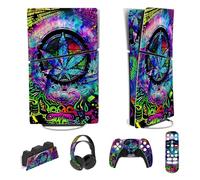 PlayVital Adhesivo Completo para ps5 Slim Digital Edición - Pegatina de Vinilo para Consola, Mando, Auriculares, Estación de Carga y Control Remoto, Protector Duradero (Hoja Psicodélica)