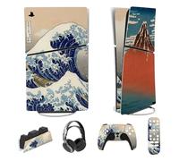 PlayVital Adhesivo Completo para ps5 Slim Digital Edición - Pegatina de Vinilo para Consola, Mando, Auriculares, Estación de Carga y Control Remoto, Protector Duradero (La Gran Ola)