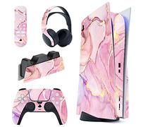 PlayVital Calcomanía Vinilo para ps5 Edición Disc - Pegatina Completa para Consola, Control, Base de Recarga, Control Remoto y Audífonos, Cubierta Protectora Adhesiva(Efecto de Mármol Dorado Rosa)