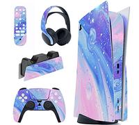 PlayVital Calcomanía Vinilo para ps5 Edición Disc - Pegatina Completa para Consola, Control, Estación de Recarga, Control Remoto y Audífonos, Skins Cubierta Protectora Adhesiva(Acuarela Azul Púrpura)