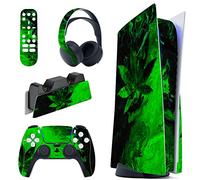 PlayVital Calcomanía Vinilo para ps5 Edición Disc - Pegatina Completa para Consola, Control, Estación de Recarga, Control Remoto y Audífonos, Skins Cubierta Protectora Adhesiva(Hoja Verde)