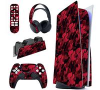 PlayVital Calcomanía Vinilo para ps5 Edición Disc - Pegatina Completa para Consola, Control, Estación de Recarga, Control Remoto y Audífonos, Skins Cubierta Protectora Adhesiva(Camuflaje Rojo Negro)