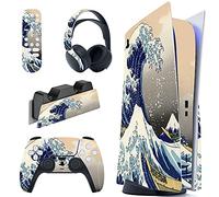 PlayVital Calcomanía Vinilo para ps5 Edición Disc - Pegatina Completa para Consola, Control, Estación de Recarga, Control Remoto y Audífonos, Cubierta Protectora Adhesiva(Gran Ola de Doble Lado)