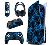 PlayVital Calcomanía Vinilo para ps5 Edición Disc - Pegatina Completa para Consola, Control, Estación de Recarga, Control Remoto y Audífonos, Skins Cubierta Protectora Adhesiva(Camuflaje Azul Negro)