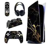 PlayVital Calcomanía Vinilo para ps5 Edición Disc - Pegatina Completa para Consola, Control, Estación de Recarga, Control Remoto y Audífonos, Skins Cubierta Protectora Adhesiva(Mármol Negro y Dorado)