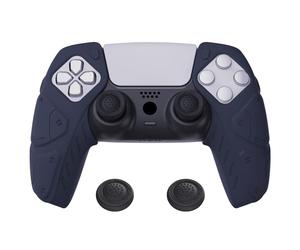 PlayVital Edición Mecha Oscuro Azul Funda de Silicona Suave para ps5, Protector de Goma Ergonómica con Tapas para Joysticks para ps5 Mando - Compatible con Estación de Carga