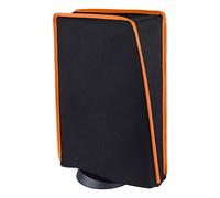 PlayVital Funda Antipolvo Vertical para ps5 - Cubierta Protectora Antirrayas y Anti-Agua, Doble Capa con Forro Suave, Compatible con ps5 Digital & Estándar, Accesorio para Consola (Ribete Naranja)
