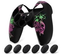 PlayVital Funda de Silicona para ps5 Mando - Cubierta Protectora Antideslizante y Suave con 6 Tapas para Pulgar, Grip Mejorado, Compatible con Base de Carga (Pure Series-Malvado Rosa & Verde)