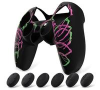 PlayVital Funda de Silicona para ps5 Mando - Cubierta Protectora Antideslizante y Suave con 6 Tapas para Pulgar, Grip Mejorado, Compatible con Base de Carga (Pure Series-Calavera Tallada Rosa & Verde)