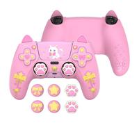 PlayVital Funda de Silicona para ps5 Mando - Cubierta Protectora con 6 Tapas de Joystick y 6 Pegatinas, Suave y Antideslizante, Compatible con Base de Carga Oficial, Sweetheart Kitty Diseño (Rosa)