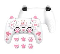 PlayVital Funda de Silicona para ps5 Mando - Cubierta Protectora con 6 Tapas de Joystick y 6 Pegatinas, Suave y Antideslizante, Compatible con Base de Carga Oficial, Sweetheart Kitty Diseño (Blanco)