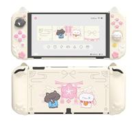 playvital Funda para Nintendo Switch OLED con Soporte Extra - Carcasa Rígida Dockable & Empuñaduras de Silicona, Protector con Tapas para Joysticks - Diseño Gatito Sakura (Amarillo Antiguo)