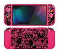PlayVital Funda Suave para Nintendo Switch OLED - Carcasa Protectora Ergonómica para Joy-con, Grip Antideslizante con Tapas de Joysticks y Botones ABXY & Dirección (VV & Rosa Brillante)