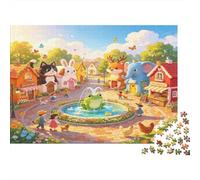 Plaza Animal del Pueblo Puzzle de 1000 Piezas Papel para Adultos Escena de Aldea Feliz Puzzle para Toda la Familia Relajarse Decoración Regalo 52x38cm/1000pcs