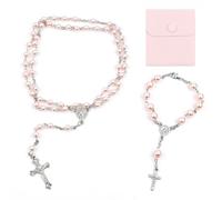 PLCatis Collar de Rosario CatóLico Pulsera Para las SeñOras, la Vendimia Crucifijo Cuentas Rosado Collar de Rosario, Cristiano Rosario de Cuentas de OracióN con Bolsa de Terciopelo, Perle 6mm