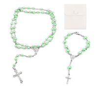 PLCatis Pulsera de rosario católico, colgante de rosario vintage, crucifijo de perlas verdes, oración cristiana con perla de color verde con bolsa de terciopelo, bautismo, comunión, rosario, boda