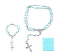 PLCatis Pulsera de rosario católico, collar de rosario vintage, crucifijo de perlas, oración cristiana, perla azul con bolsa de terciopelo, bautizo, comunión, rosario, boda, fiesta, 8mm, Plástico