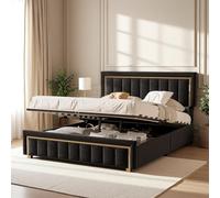 Plcnn - Cama de 140 x 200 cm con almacenamiento, cama doble acolchada con somier de láminas, cama con baúl hidráulico con cabecera, terciopelo (sin colchón) (negro, 140 x 200 cm)