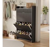 Plcnn Zapatero delgado para ahorrar espacio, con 2 cajones y 3 puertas abatibles, zapatero con estantes ajustables, para 12-18 pares de zapatos, para entrada, pasillo, salón, 77 x 24 x 133 cm (negro)