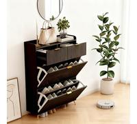 Plcnn Zapatero Salvaespacio Slim, Zapatero de Entrada con 2 Cajones y 2 Puertas Abatibles, zapatero negro, zapateros modernos que ahorran espacio, Mueble de Entrada, 80x24x110 cm (Negro-B)