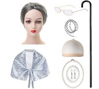 PLCPDM Accesorio de cosplay para niños con chal, gafas, collar, aretes, disfraz de anciana que camina enferma, juego de rol, disfraz de abuela