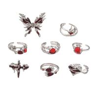 PLCPDM Colección de anillos de mariposa con cruces de corazón, versátil, accesorio de joyería de moda, aleación resistente, 8 piezas, portátiles para mujer, Metal