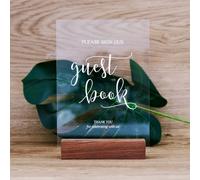 Please Sign Our Guest Book Sign with Wood Stand- 5 x 7"""" Glass Look Clear Acrylic Wedding Calligraphy Table Decoration Signs with Holder fo