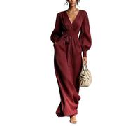 Pleated Maxi Dress for Women Long Sleeve V Neck Balloon Sleeve Tie Waist (Burgundy,S)
