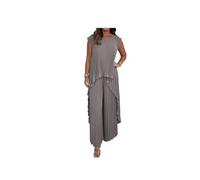 Pleated Short Sleeve Irregular Midi Top and Elastic Waist Wide Leg Pants Set,Two piece set suitable for women going out (Grey, L)