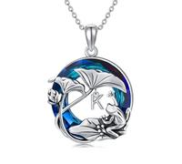 Plesitep Collar de rana con dije de rana con letra inicial con cristal circular azul, plata de ley 925, joyería de cumpleaños para mujeres, esposa, hija, mamá, abuela, Plata esterlina, Sin piedra