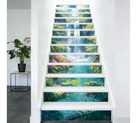 PLIGREAT 15 tiras de calcomanías para escaleras, diseño de cascada de bosque, despegar y pegar, calcomanías para escalones, 18 x 100 cm, murales de vinilo autoadhesivo para decoración del hogar y