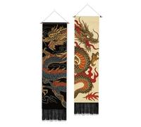 PLIGREAT 2 paquetes de tapices Murale Totem Dragon Tapiz Murale Verticale de Style Japonais Avec Pompons Style Vintage Chinois pour Chambre à Coucher Salon Décoration D'Intérieur 130 x 33 cm