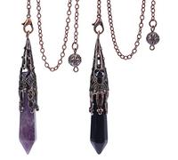 PLIGREAT 2 piezas Péndulo de punto de cristal natural para adivinación Curación Amatista y obsidiana Radiestesia Set Columna hexagonal Péndulo Punto espiritual Péndulo Péndulos de cristal Reiki