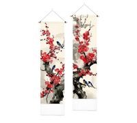 PLIGREAT 2 Tapices de Pared con Diseño de Flor de Ciruelo Tapiz Vertical Estilo Pintura Japonesa con Flores Estéticas Y Diseño De Pájaros Y Borlas Para Dormitorio, Salón Y Otros Salones