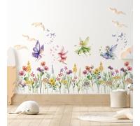 PLIGREAT 3 hojas coloridas flor hada pegatinas de pared Peel and Stick Wall Decal Cute Watercolor Floral Wall Art Murals para habitación de los niños dormitorio gabinete TV fondo decoración de pared