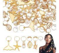 PLIGREAT 60 piezas de concha trenza amuletos accesorios para el cabello oro concha tortuga dreadlock anillo encanto aleación estrella de mar cola de pescado pinzas para el pelo africana Loc accesorios