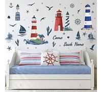 PLIGREAT Calcomanía de pared para pared, diseño náutico para ventana de pared con carcasa de ancla de gaviota de velero, cita de faro para volver a casa, mural de bricolaje para dormitorio de niños, habitación de bebé, sala de estar