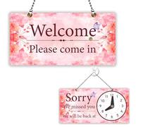 PLIGREAT Cartel de flores de acuarela "Abierto/Cerrado", doble cara con reloj "Bienvenido adentro disculpa nos perdimos carteles para locales comerciales escaparate decoración de pared