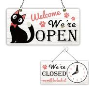 PLIGREAT Letrero de doble cara con diseño de gato, abierto y cerrado, con reloj, con texto en inglés "Welcome We're Open", para negocios, tiendas, ventanas, paredes, puertas, colgantes, con cadena