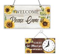 PLIGREAT Letrero de doble cara con diseño de girasoles, abierto y cerrado, con reloj, con texto en inglés "Welcome Please Come In Sorry We Missed You", para negocios, tiendas, ventanas, paredes