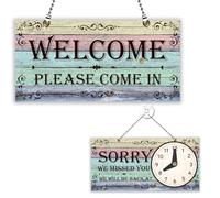 PLIGREAT Letrero de doble cara con diseño de tablones empalmados y cerrado, con reloj, con texto en inglés "Welcome Please Come In Sorry We Missed You", para negocios, tiendas, ventanas, paredes