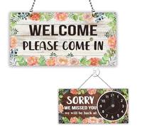 PLIGREAT Letrero floral de doble cara abierto cerrado con reloj con texto en inglés "Welcome Please Come In Sorry We Missed You" para negocios, tiendas, ventanas, paredes, decoración de puerta